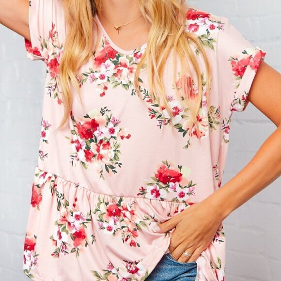 Haptics Pink Floral Short Sleeve Peplum Blouse size 1X - Picture 2 of 11